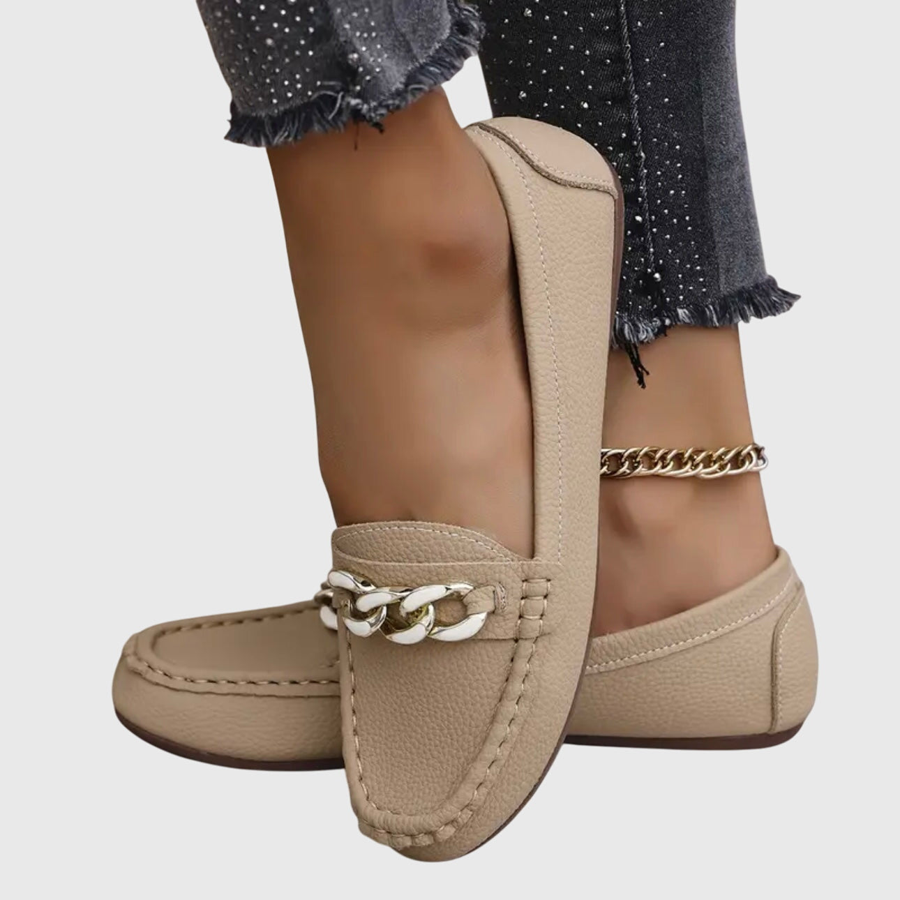 Chique Flat Loafers with Gold Chain Detail and Square Toe