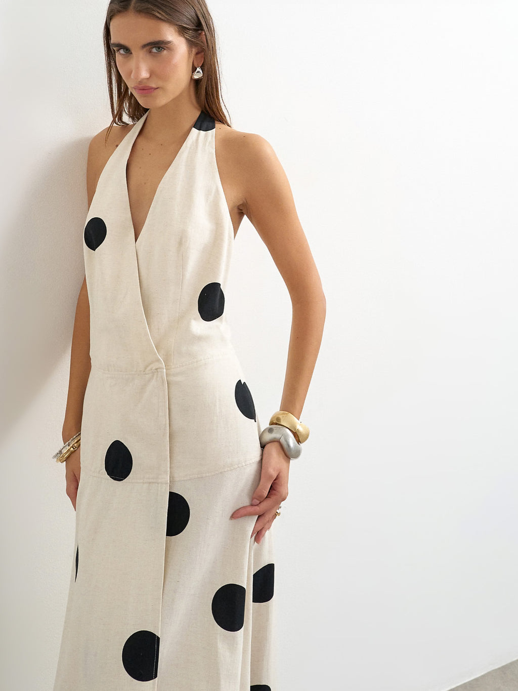 PREMIUM LINEN RICH HALTER NECK WRAP MAXI DRESS