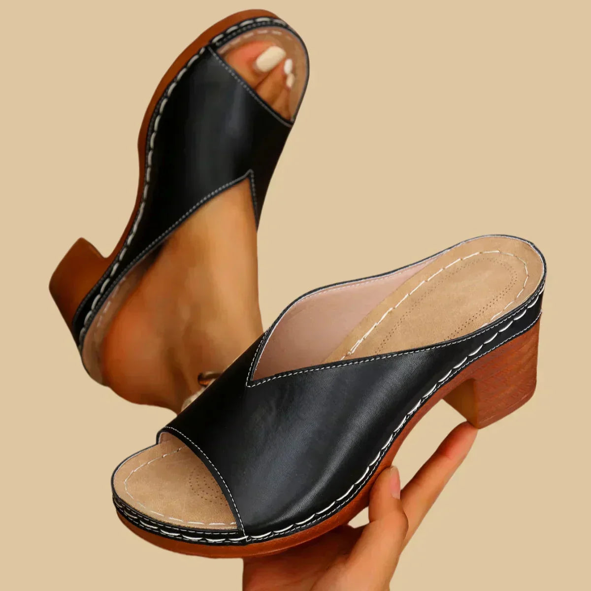 Classic Heeled Mules with Block Heel and Peep Toe