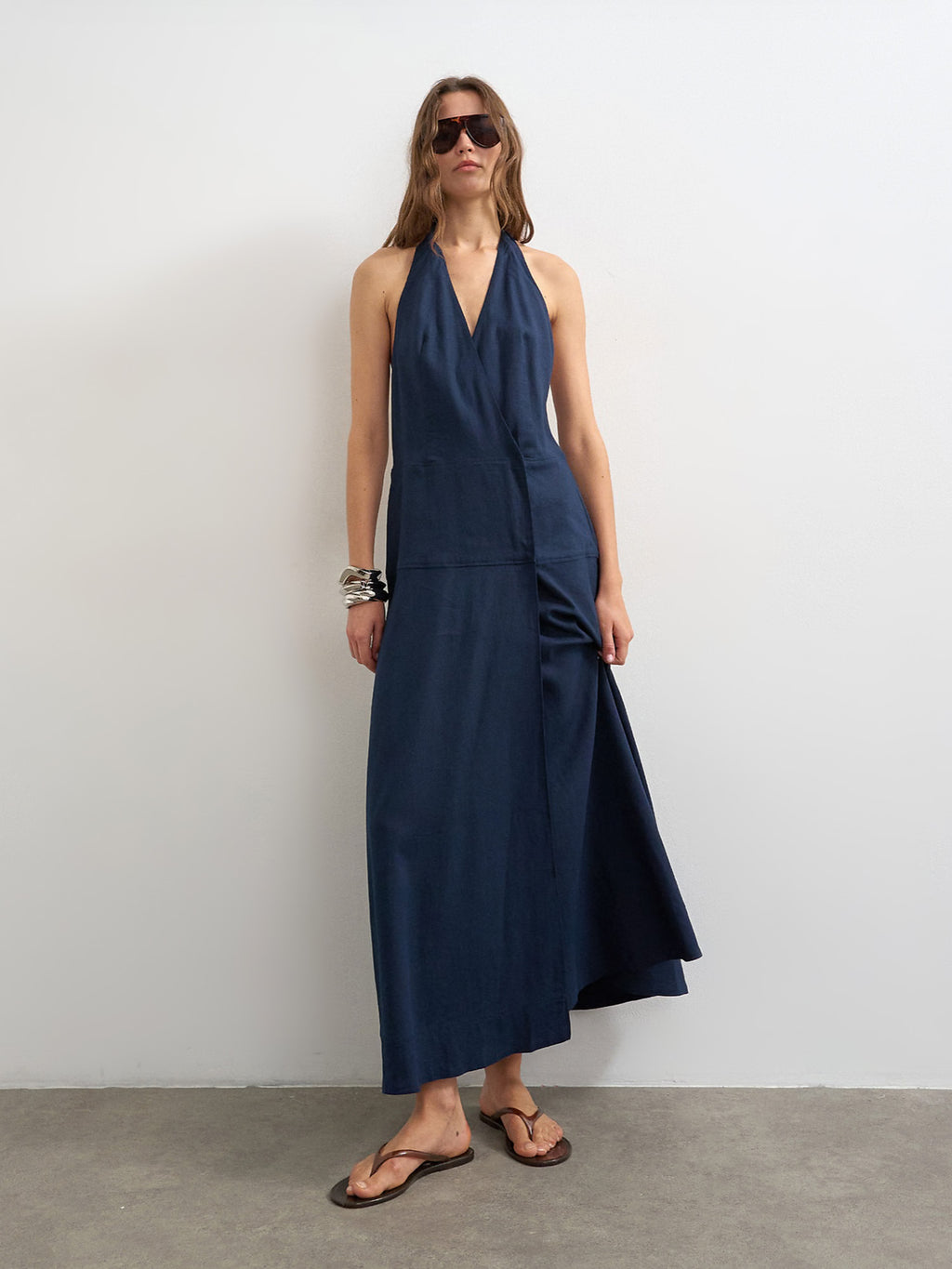 PREMIUM LINEN RICH HALTER NECK WRAP MAXI DRESS