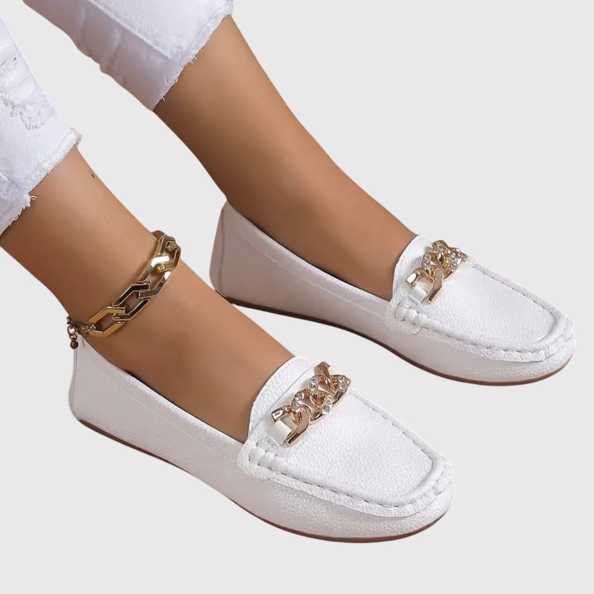 Chique Flat Loafers with Gold Chain Detail and Square Toe