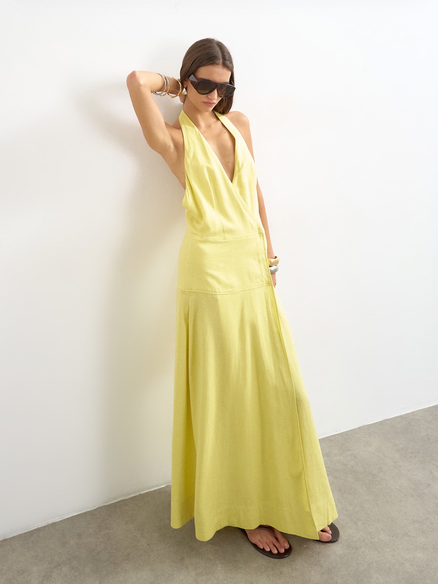 PREMIUM LINEN RICH HALTER NECK WRAP MAXI DRESS