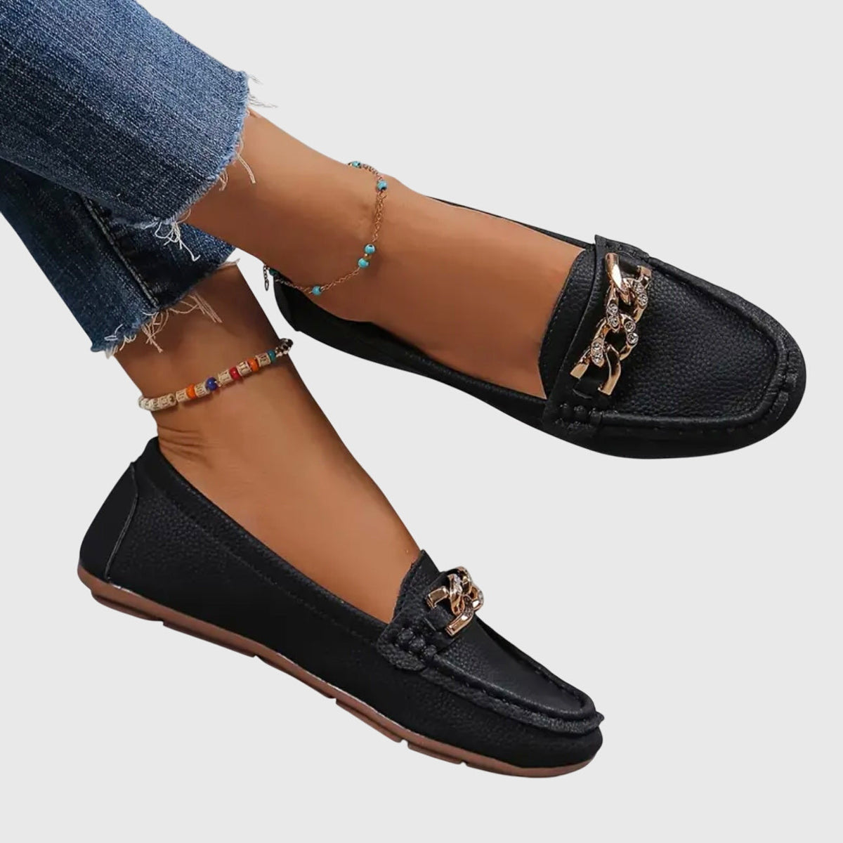 Chique Flat Loafers with Gold Chain Detail and Square Toe