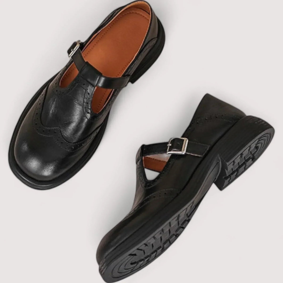 Classic Retro Mary Jane Shoes with Brogue Detail and T-Bar Strap