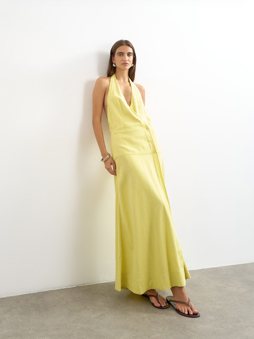 PREMIUM LINEN RICH HALTER NECK WRAP MAXI DRESS