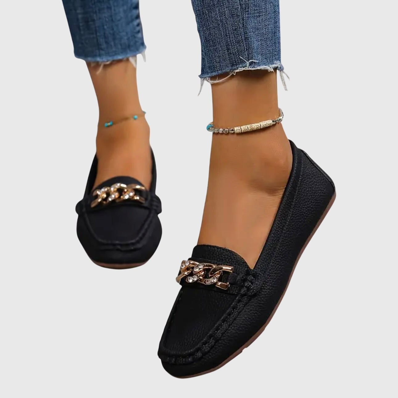 Chique Flat Loafers with Gold Chain Detail and Square Toe