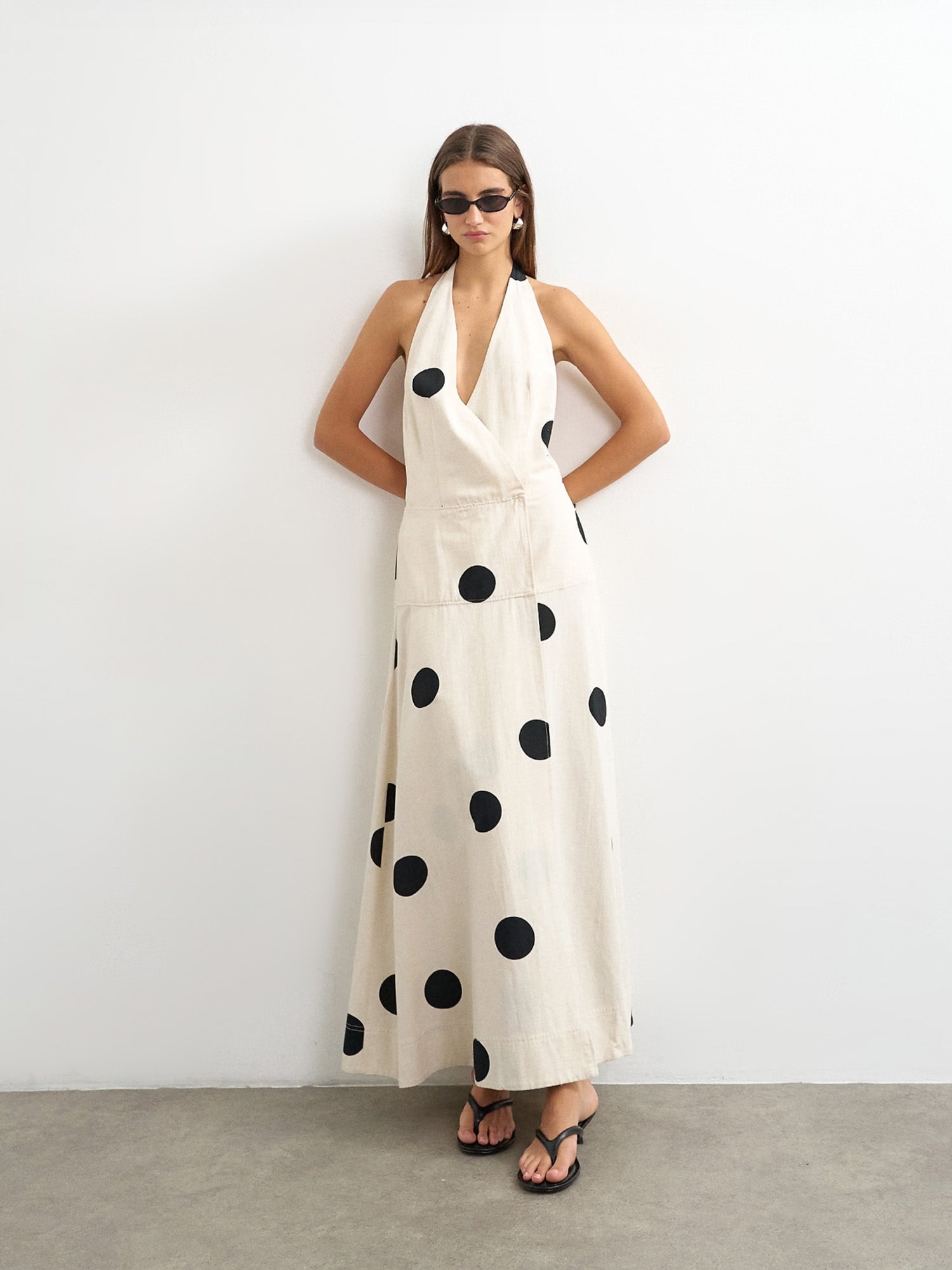 PREMIUM LINEN RICH HALTER NECK WRAP MAXI DRESS