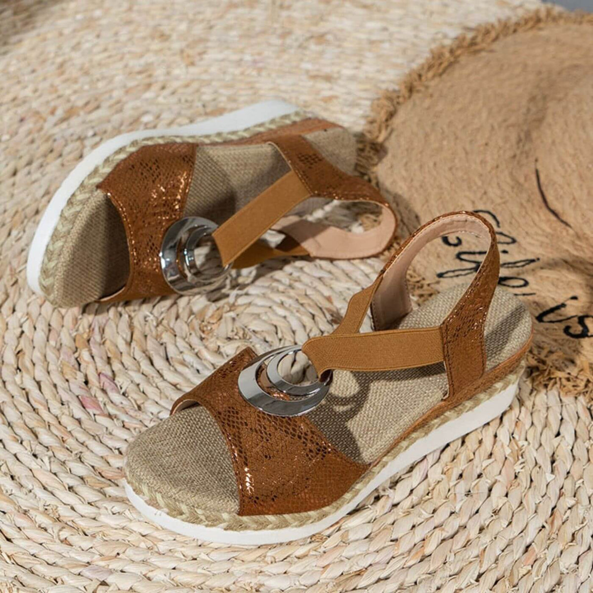 Wedge Sandals with Buckle Detail and Snake Print Upper
