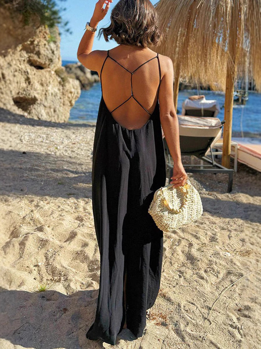 Backless Strappy Maxi Dress with V-Neckline and Side Split
