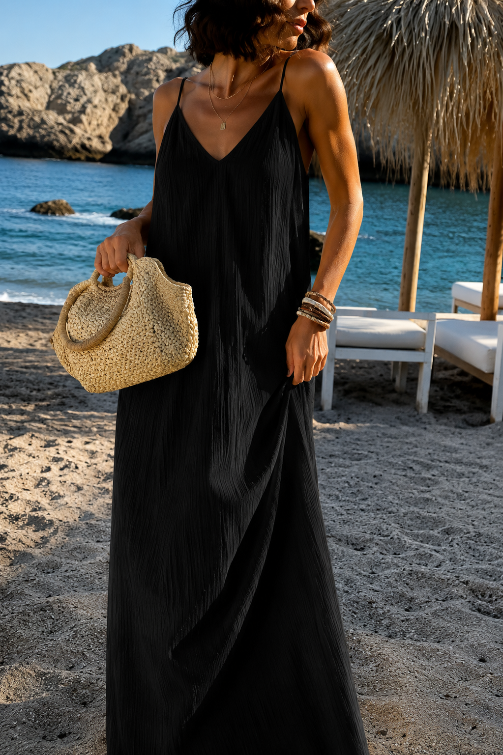 Backless Strappy Maxi Dress with V-Neckline and Side Split