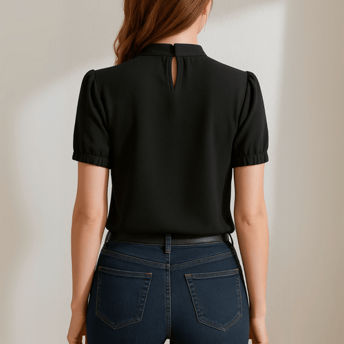 Black Cold Shoulder Top with High Neck and Gathered Detail
