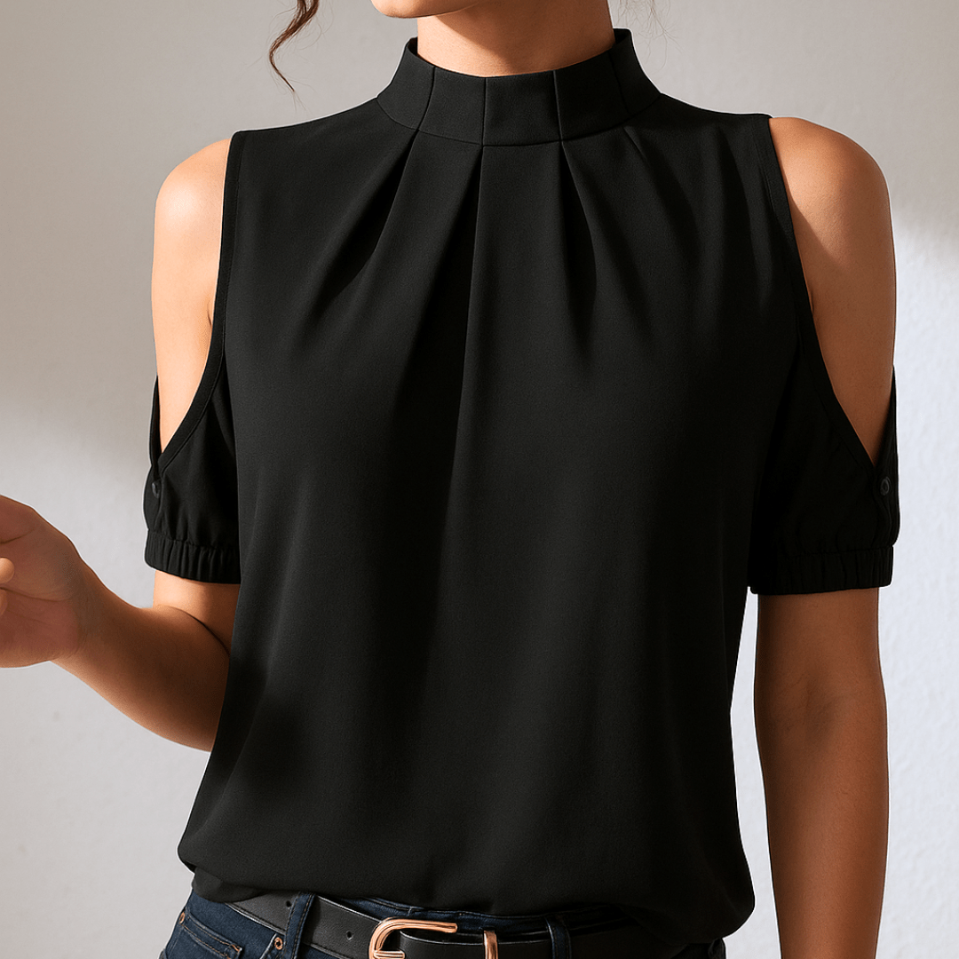 Black Cold Shoulder Top with High Neck and Gathered Detail