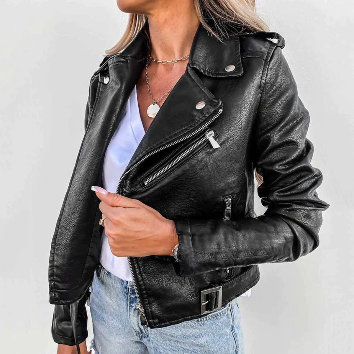 Black Faux Leather Biker Jacket with Asymmetric Zip and Belt