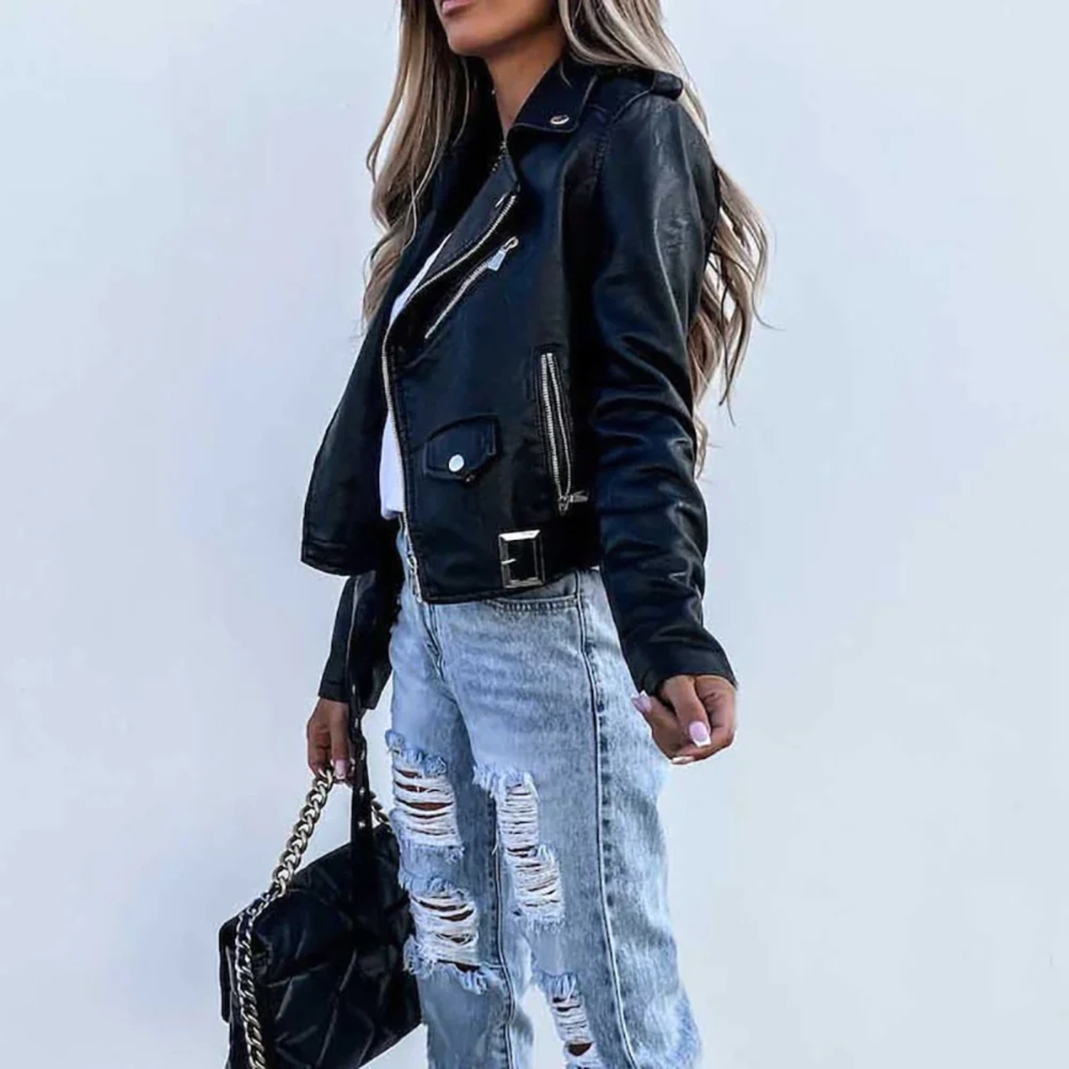 Black Faux Leather Biker Jacket with Asymmetric Zip and Belt