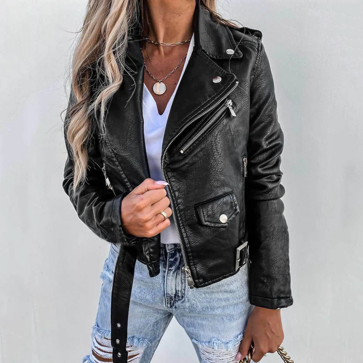 Black Faux Leather Biker Jacket with Asymmetric Zip and Belt