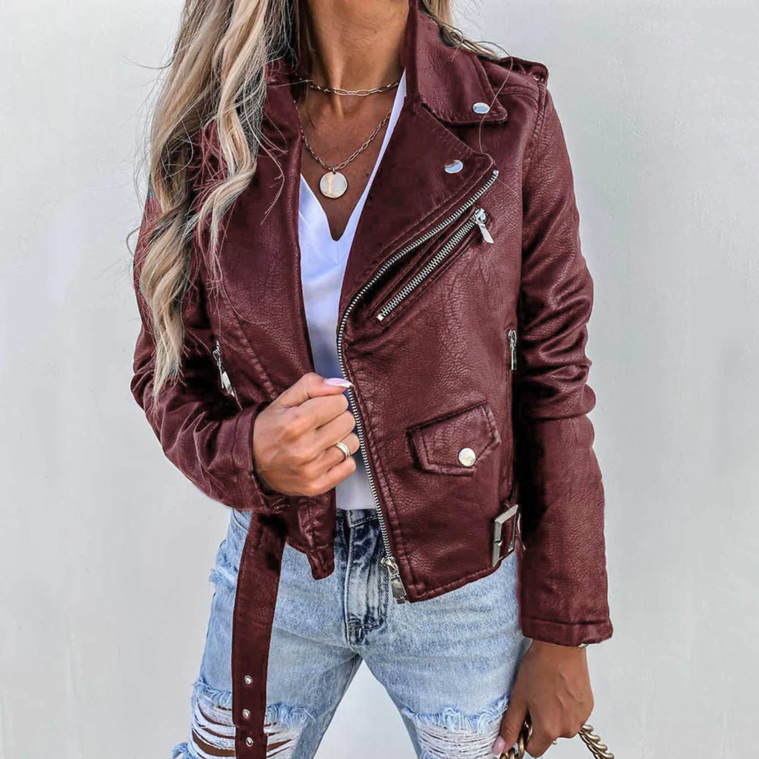 Black Faux Leather Biker Jacket with Asymmetric Zip and Belt