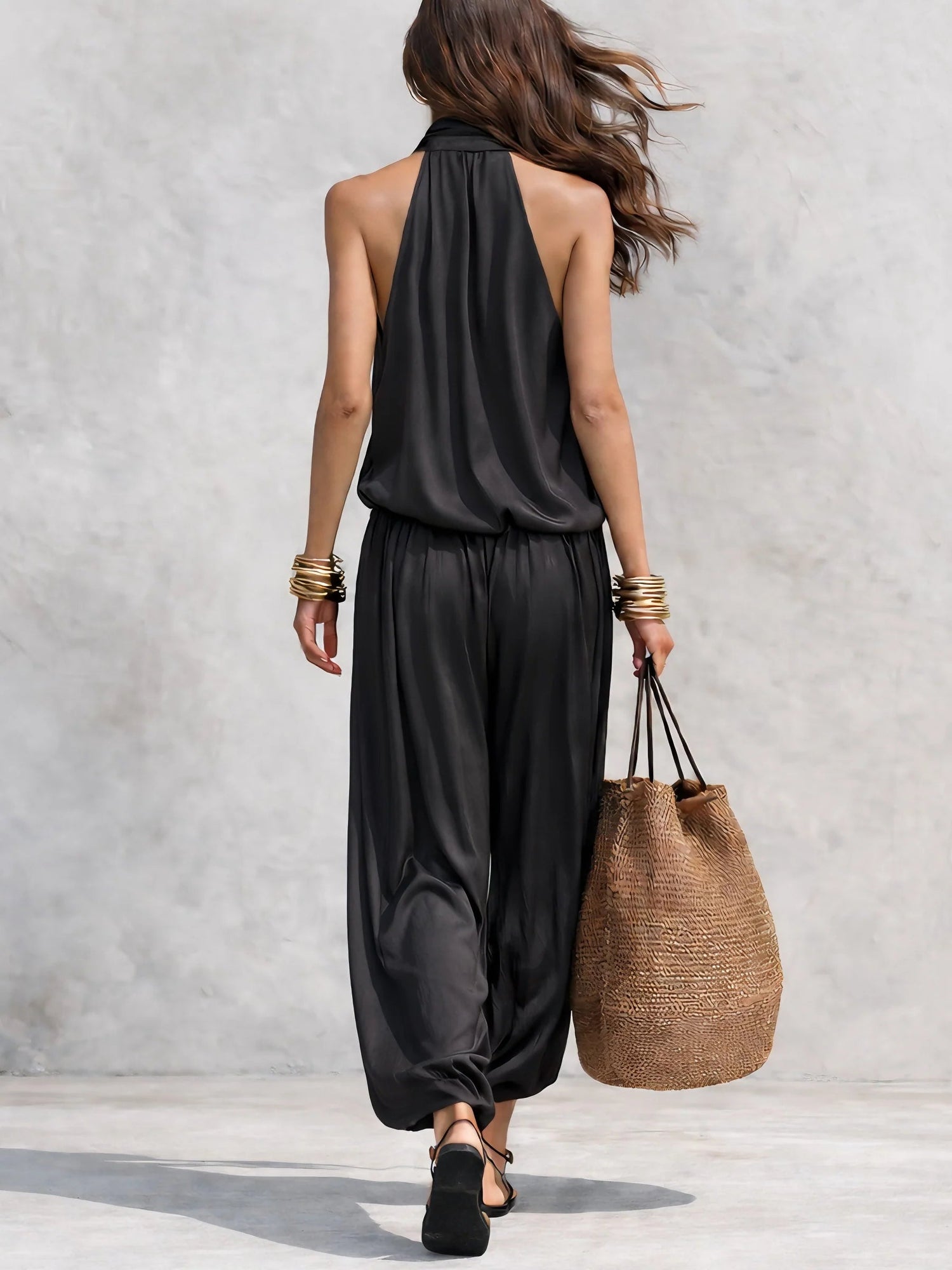 Black Halter Neck Jumpsuit with Cowl Neckline and Wide Leg