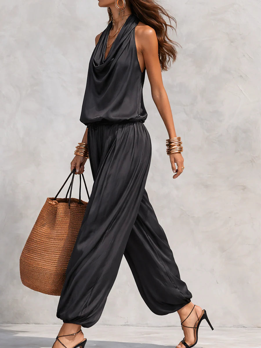 Black Halter Neck Jumpsuit with Cowl Neckline and Wide Leg