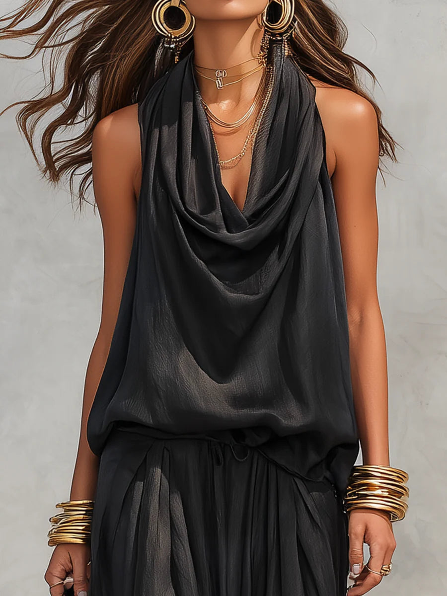 Black Halter Neck Jumpsuit with Cowl Neckline and Wide Leg