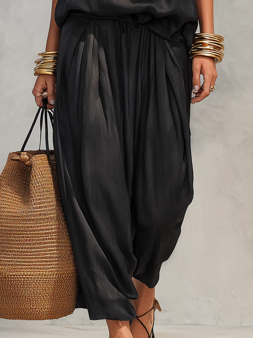 Black Halter Neck Jumpsuit with Cowl Neckline and Wide Leg