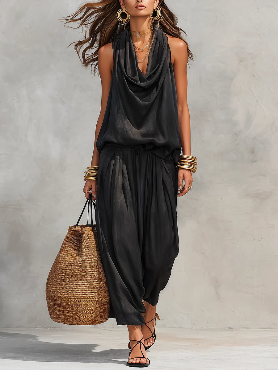 Black Halter Neck Jumpsuit with Cowl Neckline and Wide Leg