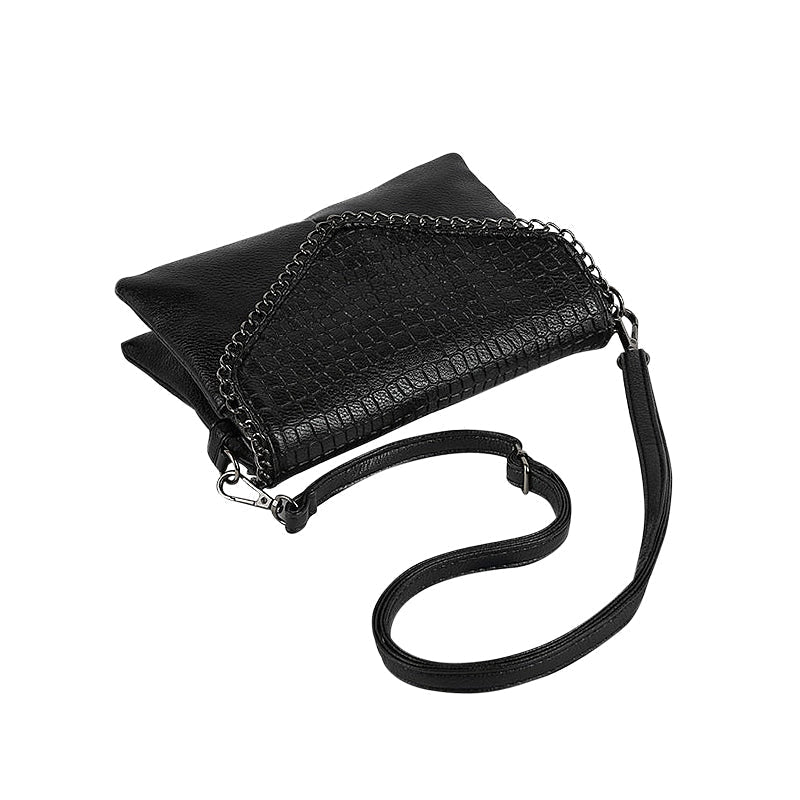 Black Leather Crossbody Bag with Croc Flap and Chain Trim