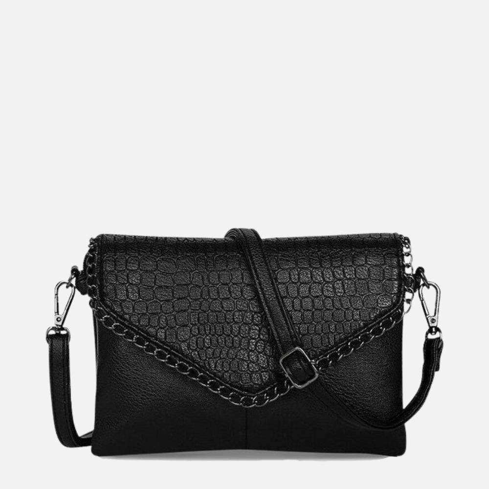 Black Leather Crossbody Bag with Croc Flap and Chain Trim