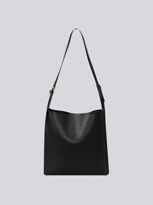Black Leather Shoulder Bag with Adjustable Strap and Gold Hardware