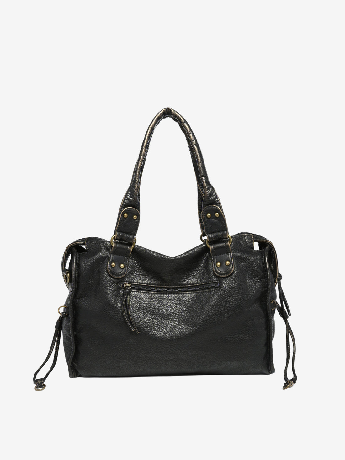 Black Leather Shoulder Bag with Braided Trim and Side Ties