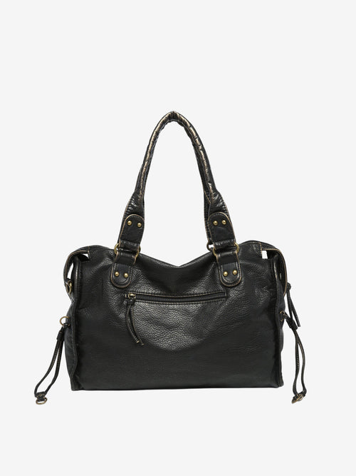 Black Leather Shoulder Bag with Braided Trim and Side Ties