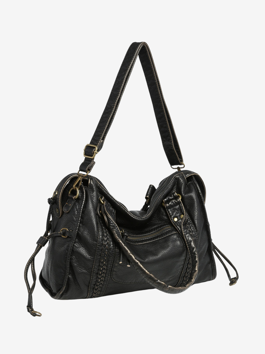 Black Leather Shoulder Bag with Braided Trim and Side Ties