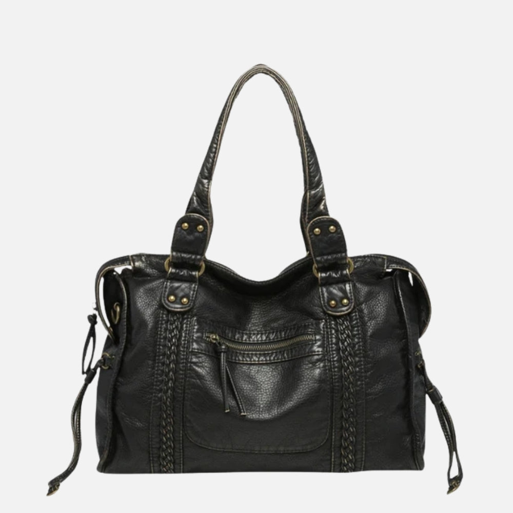 Black Leather Shoulder Bag with Braided Trim and Side Ties