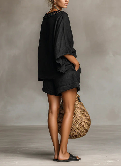 Black Linen Two Piece Set with Lace Neckline and Drawstring Shorts
