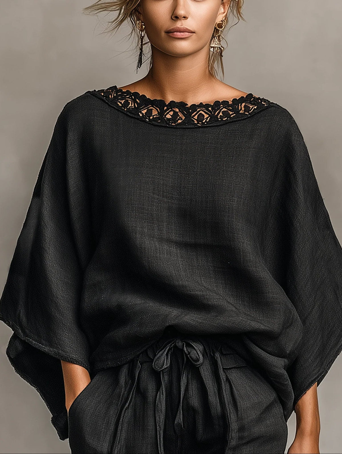 Black Linen Two Piece Set with Lace Neckline and Drawstring Shorts