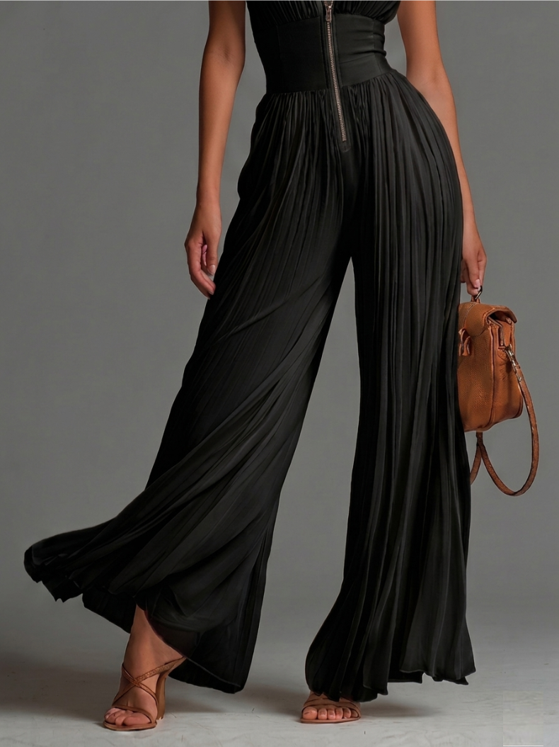 Black Wide Leg Jumpsuit with Deep V-Neckline and Zip Front