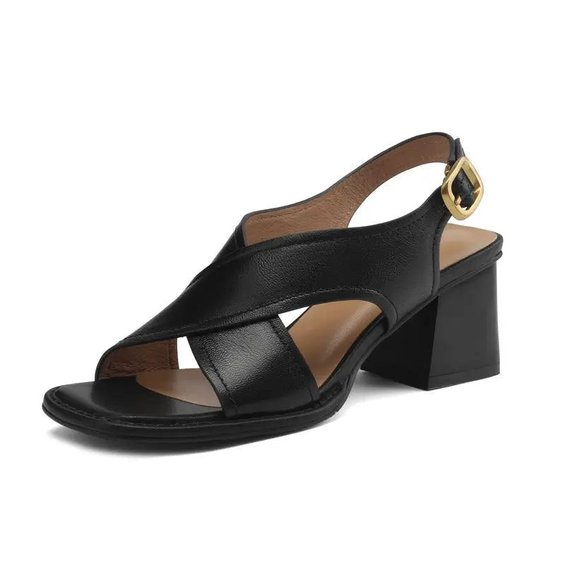 Block Heel Slingback Sandals with Crossover Strap and Gold Buckle