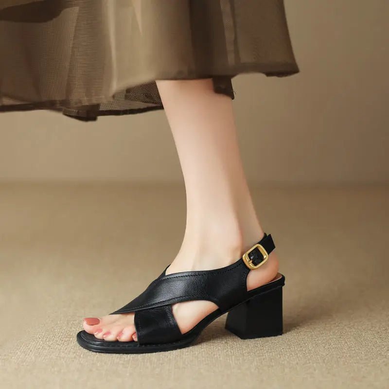 Block Heel Slingback Sandals with Crossover Strap and Gold Buckle