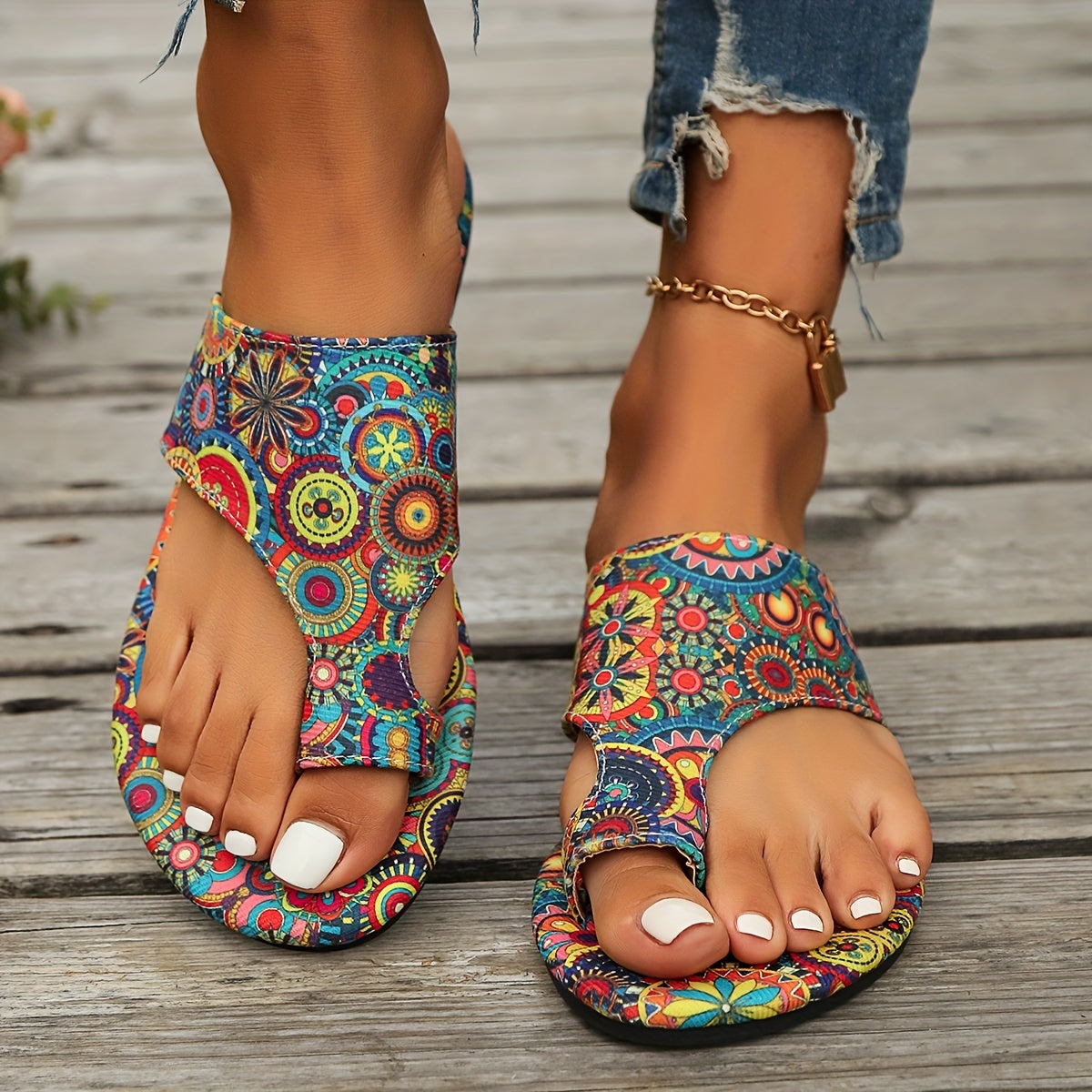 Boho Flat Sandals with Paisley Print and Toe Loop