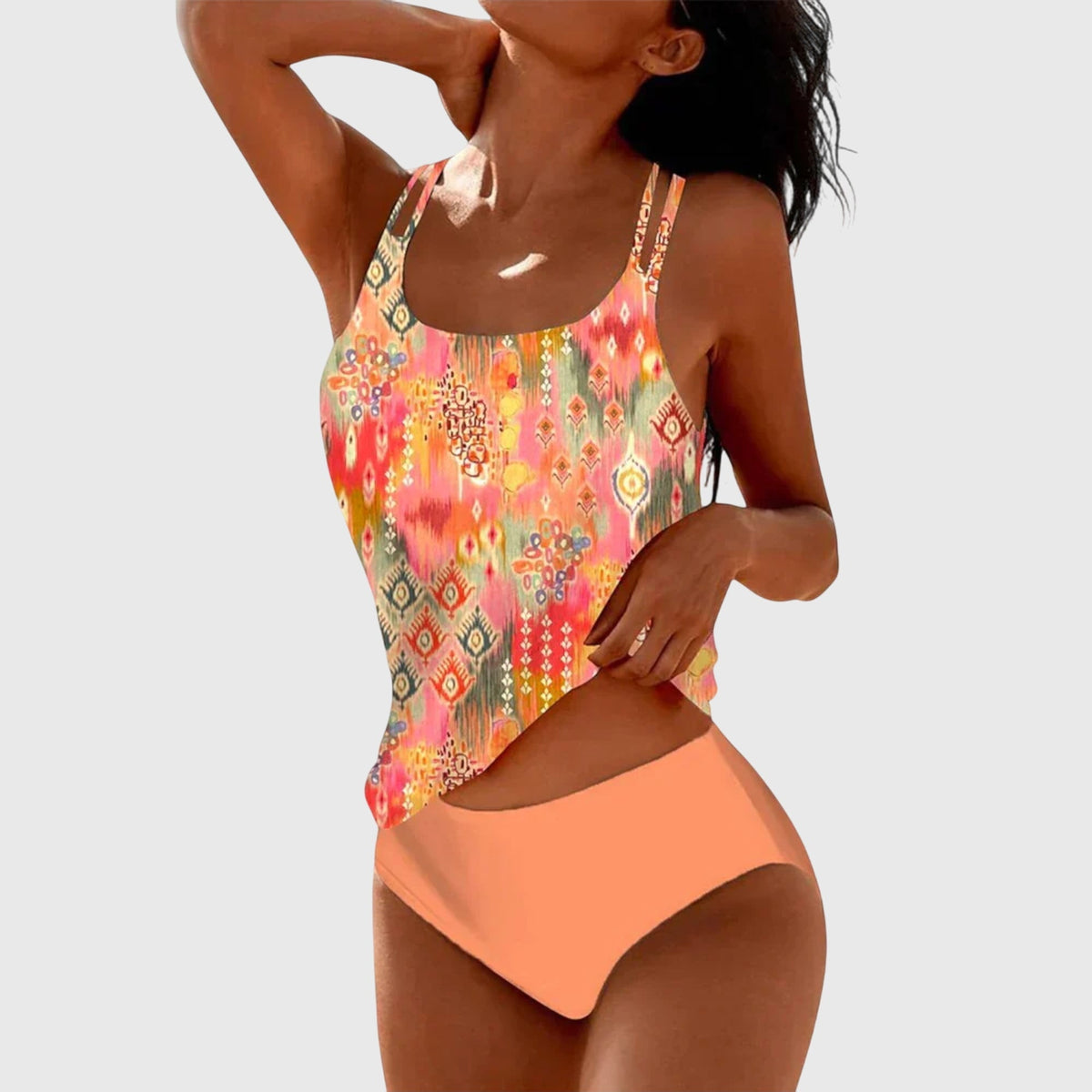 Boho Floral Print Tankini Set with Double Straps and High Waist Bottom