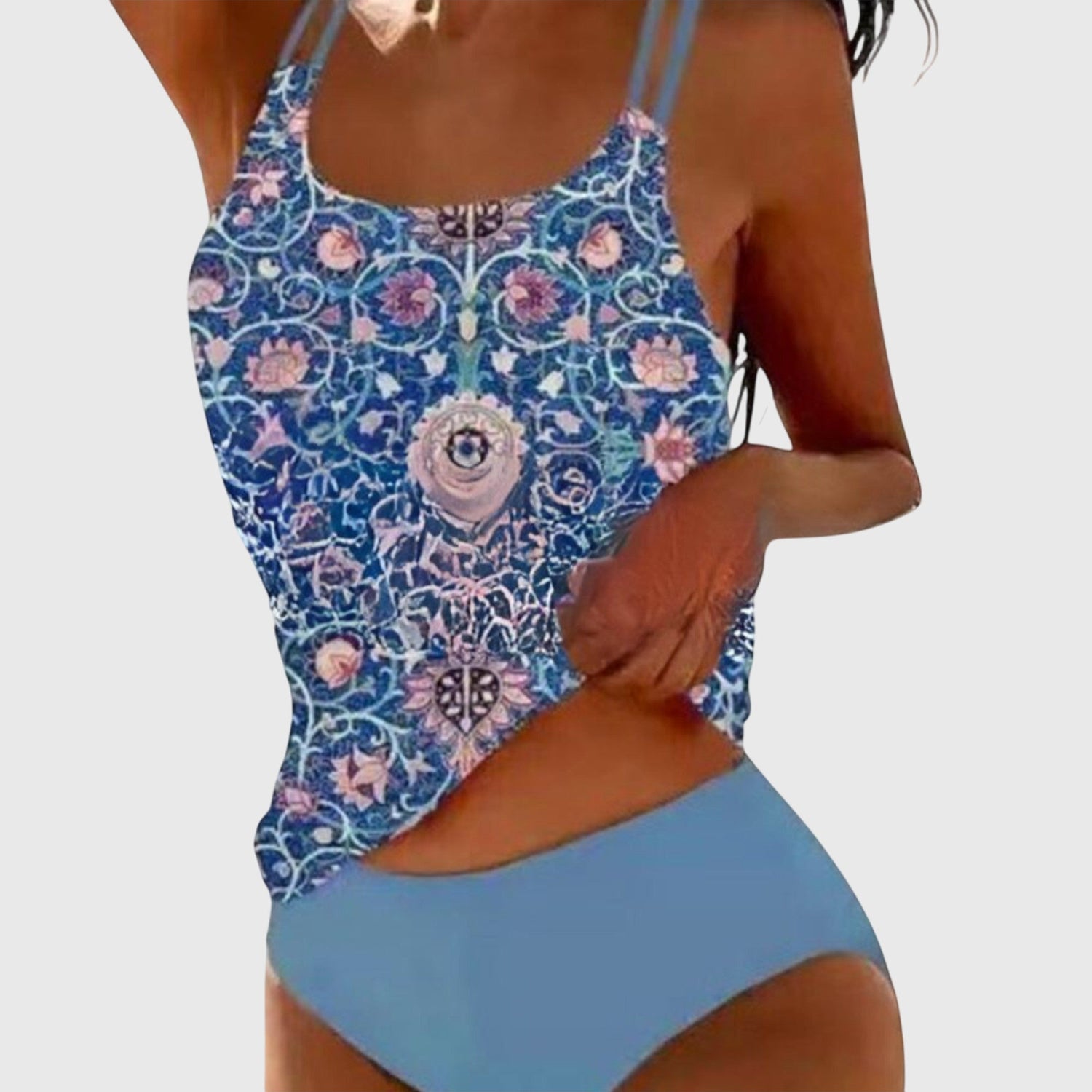 Boho Floral Print Tankini Set with Double Straps and High Waist Bottom