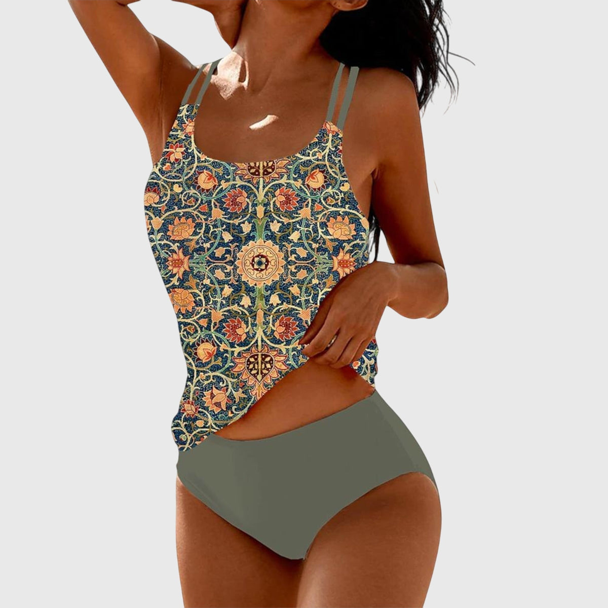 Boho Floral Print Tankini Set with Double Straps and High Waist Bottom