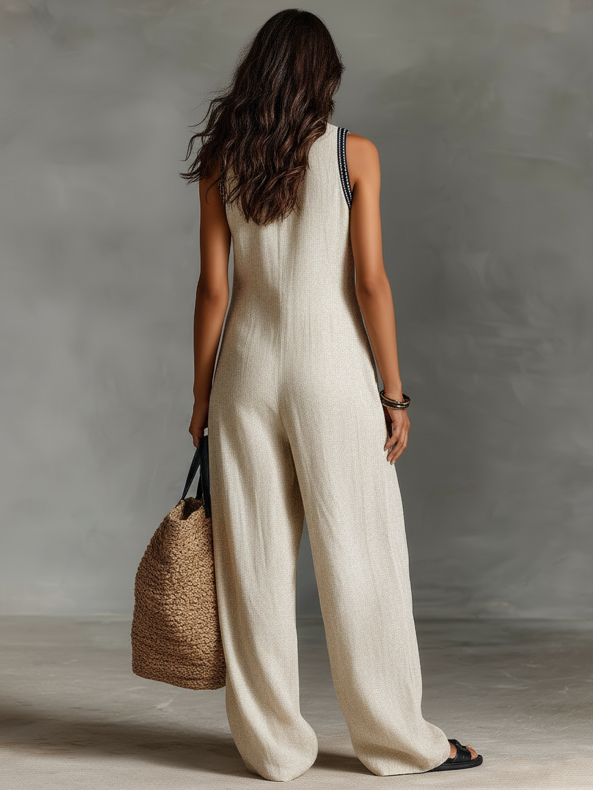 Boho Linen Jumpsuit with Embroidered V-Neckline and Wide Leg