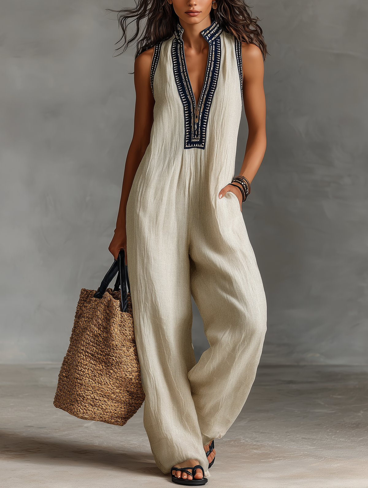Boho Linen Jumpsuit with Embroidered V-Neckline and Wide Leg