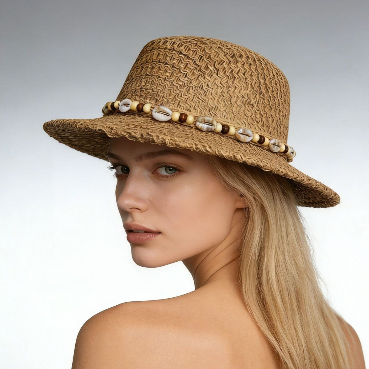 Boho Straw Sun Hat with Cowrie Shell and Bead Band