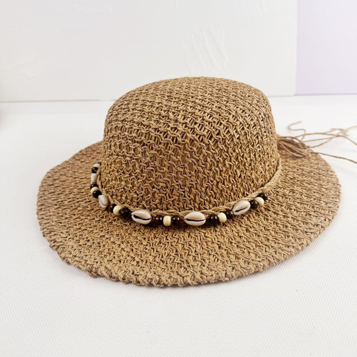 Boho Straw Sun Hat with Cowrie Shell and Bead Band