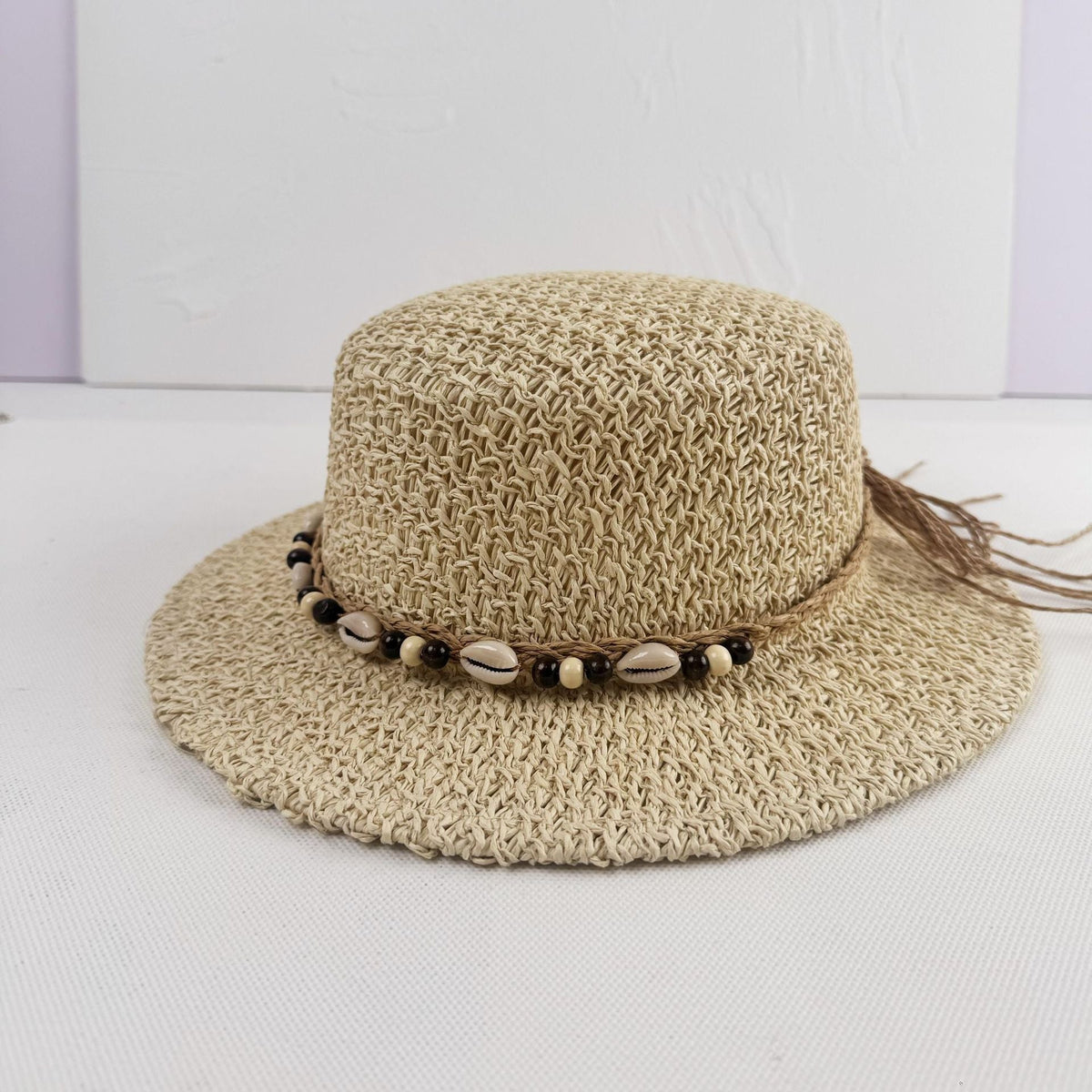 Boho Straw Sun Hat with Cowrie Shell and Bead Band