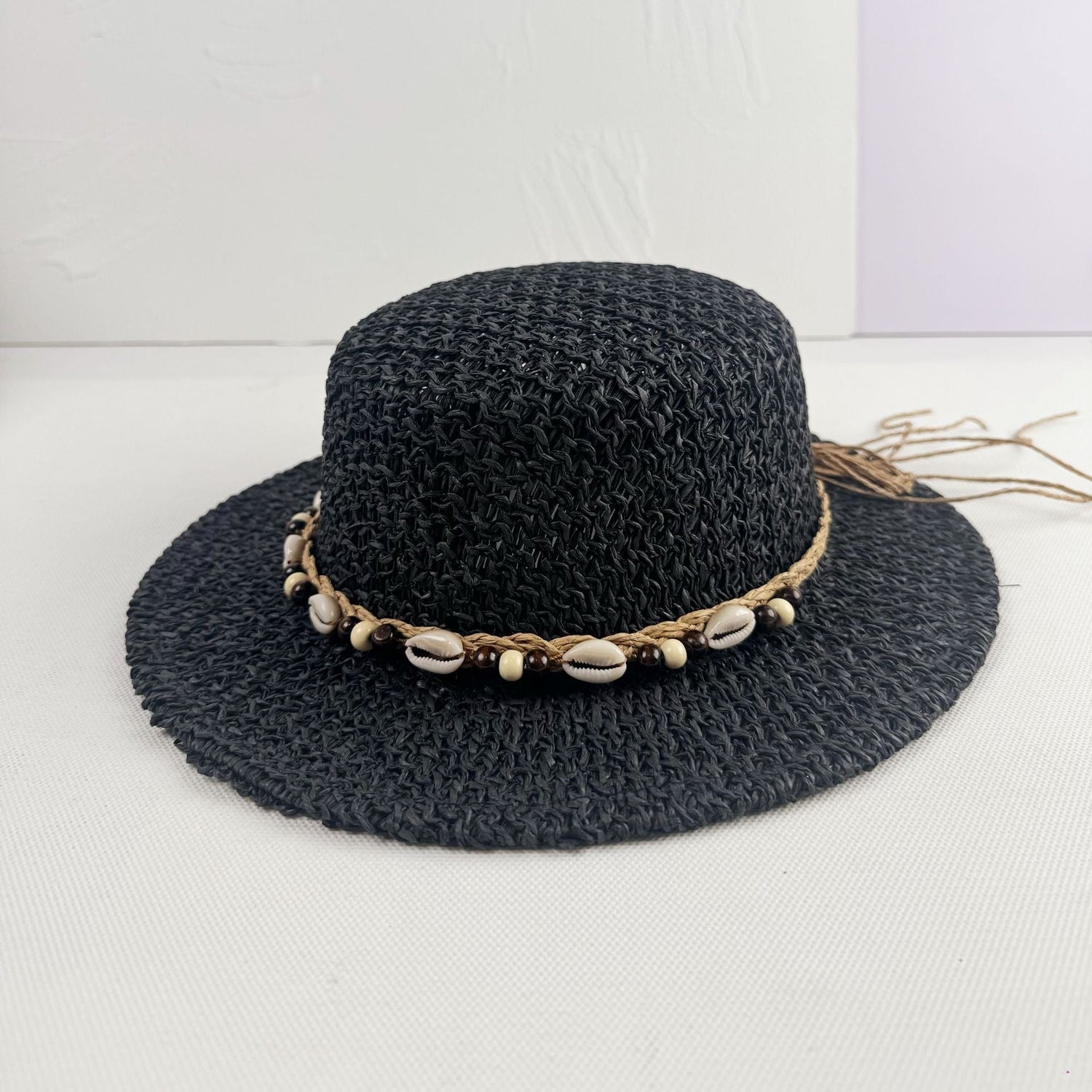 Boho Straw Sun Hat with Cowrie Shell and Bead Band