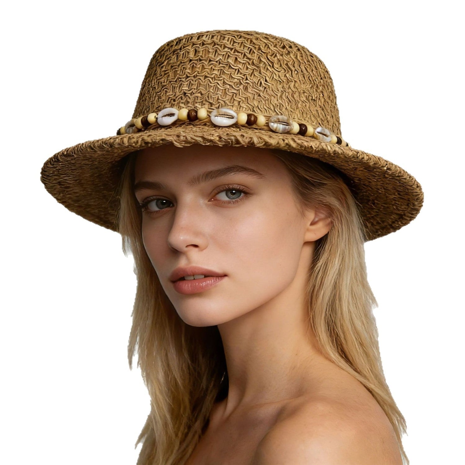 Boho Straw Sun Hat with Cowrie Shell and Bead Band