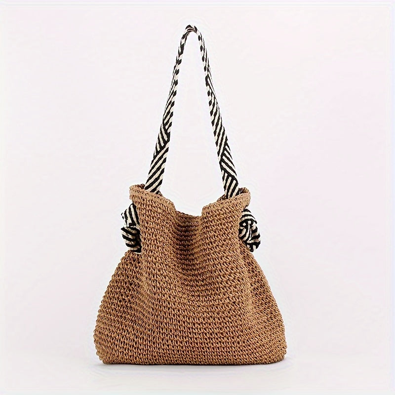 Boho Woven Straw Shoulder Bag with Striped Fabric Strap