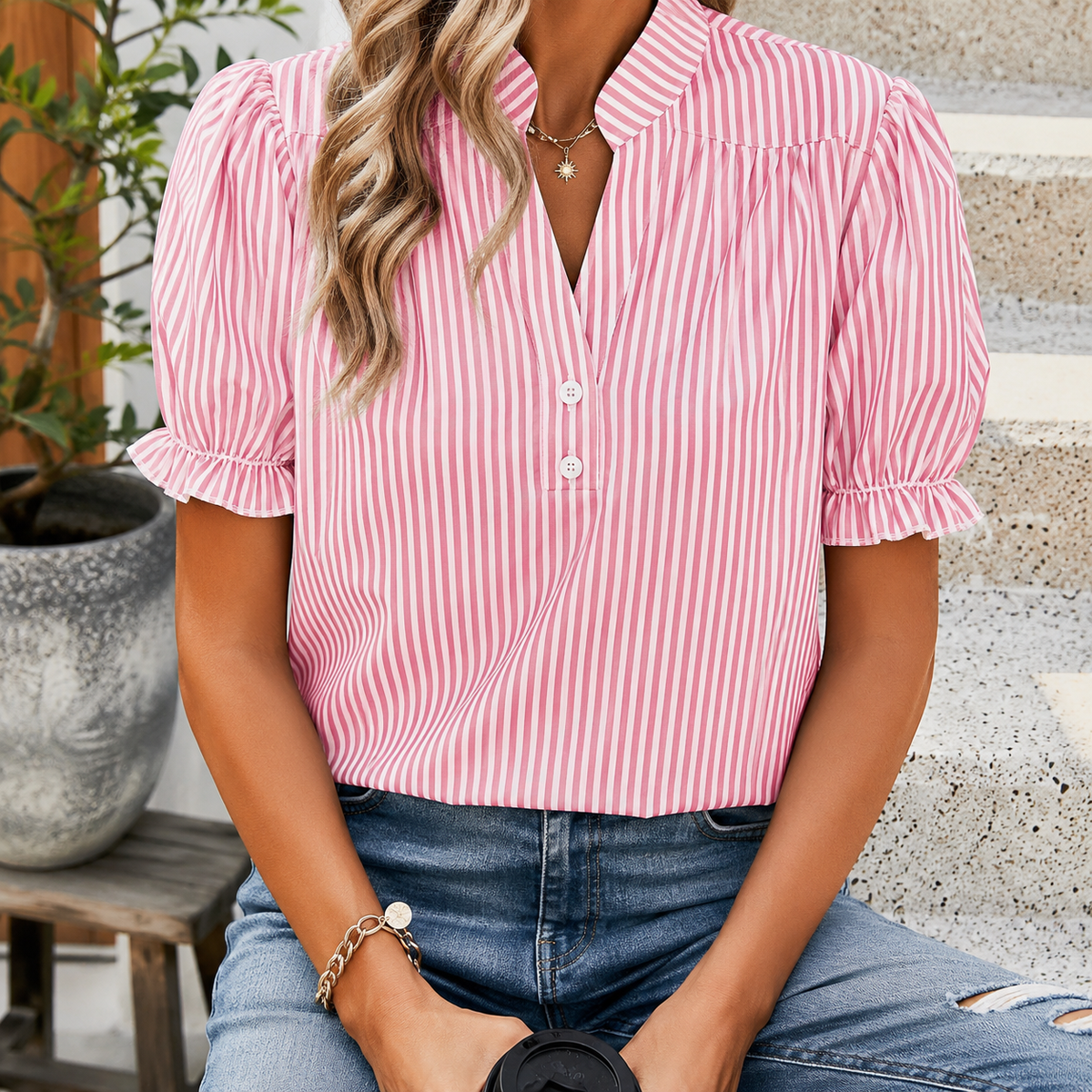 Striped Blouse with Puff Sleeves and Gathered Neckline Detail
